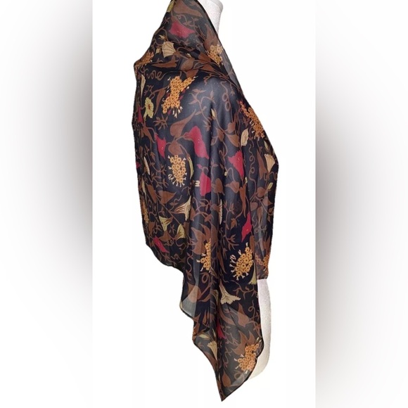 100% Silk Scarf Rectangle Sheer Made in Korea Black Brown Red Yellow Floral - Picture 8 of 12